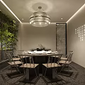 Modern Restaurant Interior With Open Layout Green Plants And Round Pendant Lights