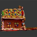 Cartoon Scene Gingerbread House With Colorful Candies On Roof And Frosting Decorations