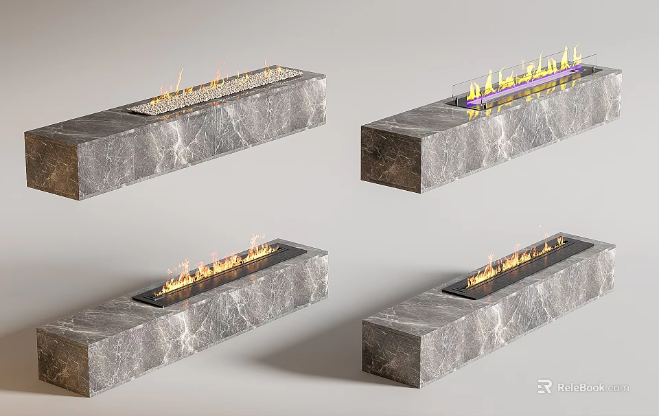 Modern Marble Fireplace Rectangular Design With Burning Flames And Glass Screen 3d model