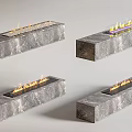 Modern Marble Fireplace Rectangular Design With Burning Flames And Glass Screen 3d model