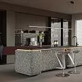 Modern Restaurant Kitchen Design With Patterned Bar Island Chrome Stools Dark Cabinets Pendant Lighting 3d model