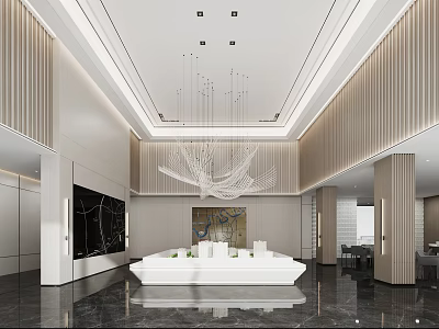 Modern Luxury Sales Office Lobby With Chandelier Marble Floor Reception Desk And Artwork 3d model