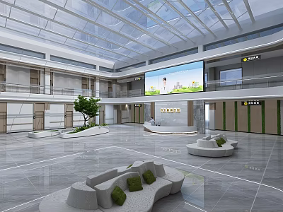 Modern Lobby With Glass Ceiling Large Screen Green Plants And Marble Floor 3d model