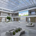 Modern Lobby With Glass Ceiling Large Screen Green Plants And Marble Floor