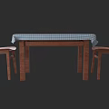 Wooden Dining Table And Chairs Set With Blue Checkered Tablecloth For Home
