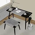 Dark Wood Desk with White Pad Tablet Coffee Cup and Woven Stool in Bright Room