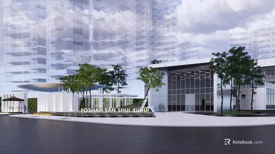 Modern Sales Office Building With Glass Curtain Wall White Exterior And Trees 3d model 