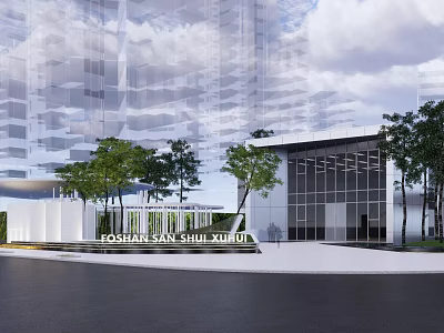 Modern Sales Office Building With Glass Curtain Wall White Exterior And Trees 3d model