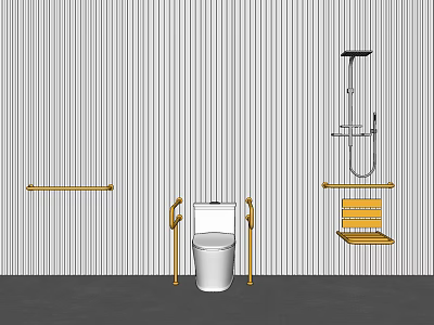 Toilet With Safety Rails In Bathroom Featuring Striped Wall And Shower Seat 3d model
