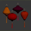 Colorful Chinese Lanterns With Red Orange Pink Hues And Tassels On Dark Background