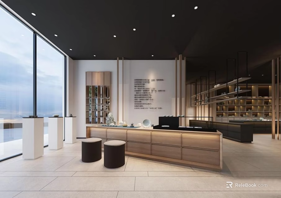 Modern Exhibition Hall Interior Design With Open Layout Wooden Desk Large Windows And Soft Lighting 3d model 