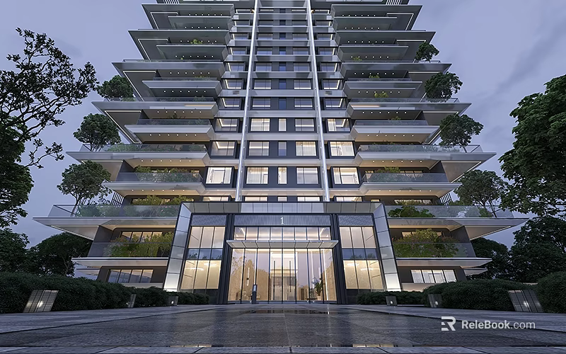 Modern High Rise Residential Building with Illuminated Facade Glass Entrance and Lush Greenery 3d model 