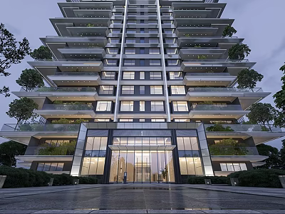 Modern High Rise Residential Building with Illuminated Facade Glass Entrance and Lush Greenery 3d model