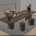 Rustic Wooden Tea Table With Stump Stools Tea Set Table Lamp And Rug