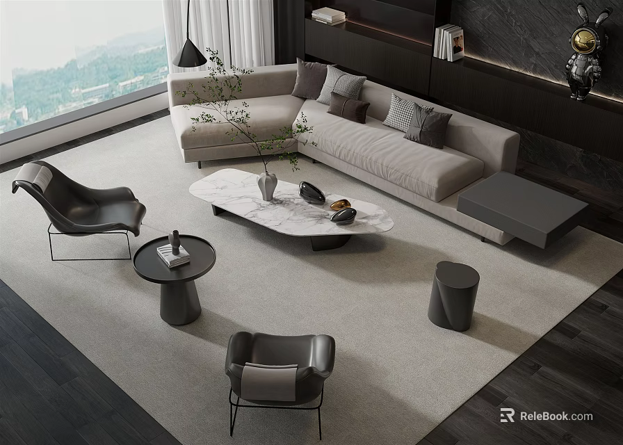 Stylish Modern Sofa Coffee Table Set With Light Gray Cushions And Marble Top 3d model