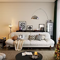 Modern Beige Two Seater Sofa With Decorative Pillows Floor Lamp Green Plant And Wall Art