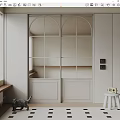 Minimalist Interior Design With Arched Glass Panes Sliding Door And Light Gray Cabinet