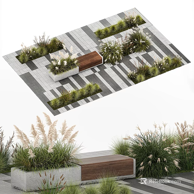 Modern Landscape Seat Surrounded by Greenery and Gray White Striped Paving 3d model 