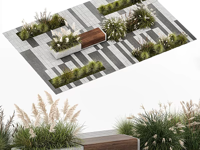Modern Landscape Seat Surrounded by Greenery and Gray White Striped Paving 3d model