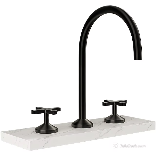 Modern Black Kitchen Faucet With Double Cross Handles On Marble Countertop 3d model 