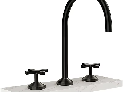 Modern Black Kitchen Faucet With Double Cross Handles On Marble Countertop 3d model