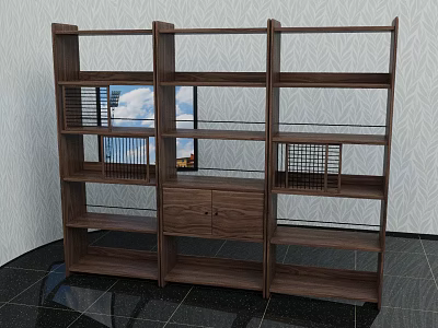 Modern Wooden Walnut Storage Shelf Unit With Multiple Shelves Cabinet Doors And Grid Design 3d model