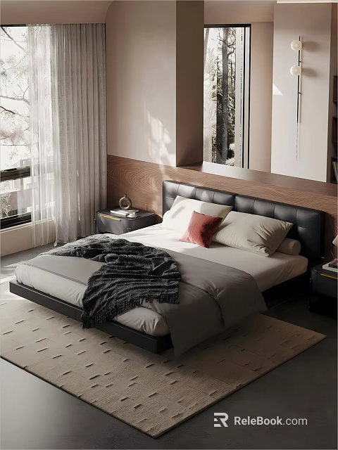 Modern Bedroom Interior Design With Black Headboard Bed White Curtains And Gray Blanket 3d model 