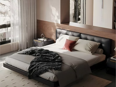 Modern Bedroom Interior Design With Black Headboard Bed White Curtains And Gray Blanket 3d model