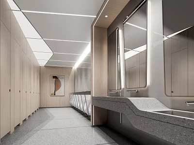 Modern Public Restroom Interior With Wooden Lockers Long Sink Counter Large Mirrors And Bright Lighting 3d model