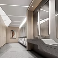 Modern Public Restroom Interior With Wooden Lockers Long Sink Counter Large Mirrors And Bright Lighting