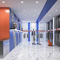 Modern Clothing Store Interior with Orange Blue Walls Marble Floor Mannequins and Clothes Racks