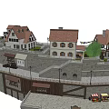 European Style Buildings With Traditional Roofs Stone Bridge And Wooden Boardwalks
