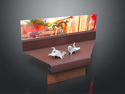 Two Origami Cranes Perched on Wooden Shelf by Window with Outdoor Plants Background 3d model