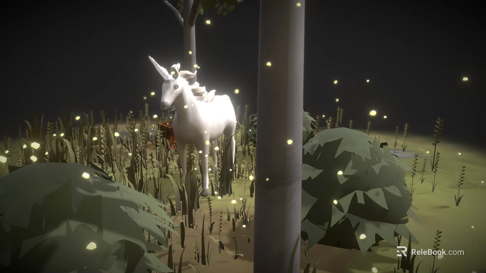 Magical Unicorn Game and Movie Character in Grassland with Glowing Lights and Trees 3d model 