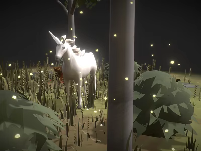 Magical Unicorn Game and Movie Character in Grassland with Glowing Lights and Trees 3d model