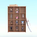 Wooden Display Shelf With Various Female Doll Figurines And Open Box