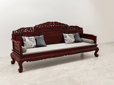 Elegant Chinese Style Three Seater Sofa With Carved Wooden Frame And Decorative Cushions 3d model