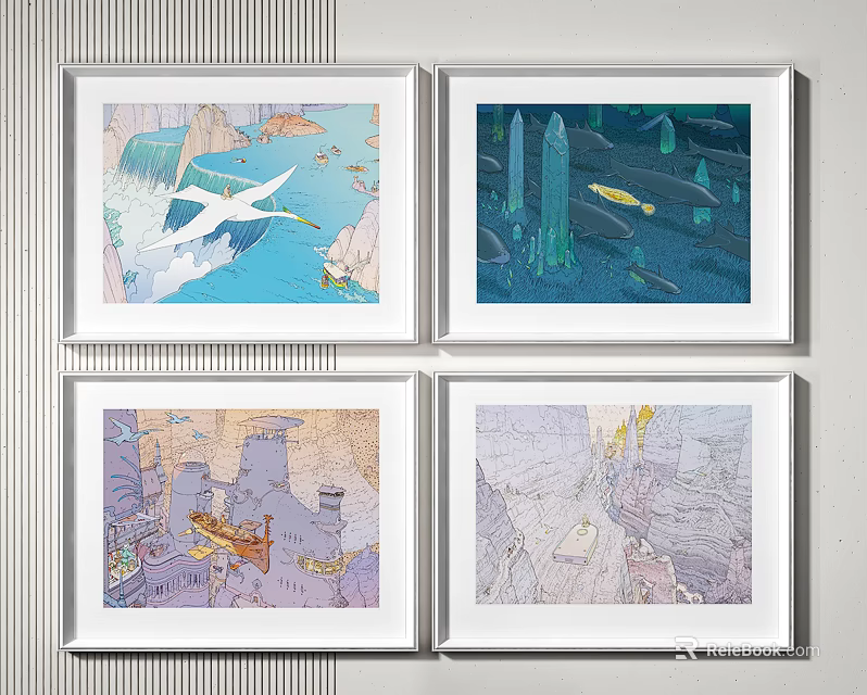 Four Vibrant Framed Decorative Art Prints With Nature Marine Architecture Scenes 3d model 