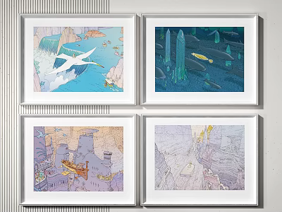 Four Vibrant Framed Decorative Art Prints With Nature Marine Architecture Scenes 3d model