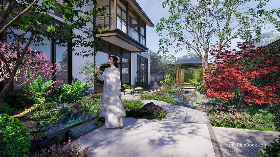 Traditional Garden Landscape Design With Chinese Architecture Stone Path And Colorful Plants 3d model 