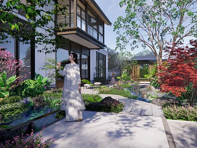 Traditional Garden Landscape Design With Chinese Architecture Stone Path And Colorful Plants 3d model