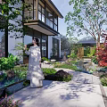 Traditional Garden Landscape Design With Chinese Architecture Stone Path And Colorful Plants