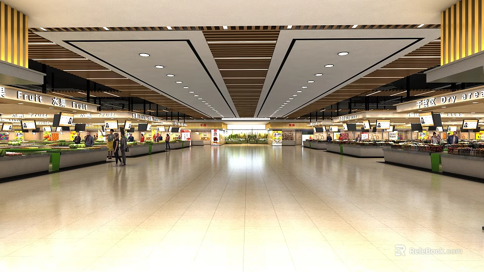 Modern Supermarket Department Store Interior With Spacious Aisles Shelves Ceiling Lights And Shoppers 3d model 