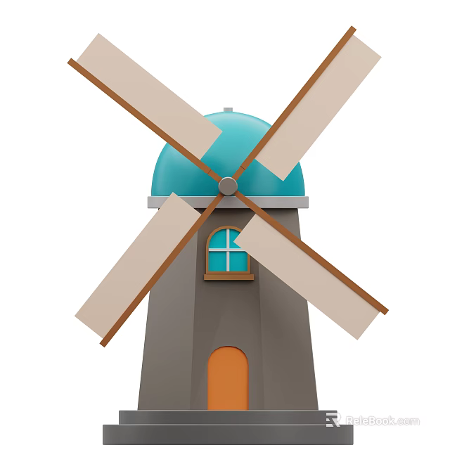 Traditional Windmill Structure With Blue Dome Gray Tower Orange Door And White Blades 3d model 