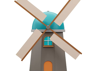 Traditional Windmill Structure With Blue Dome Gray Tower Orange Door And White Blades 3d model