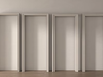 Four White Doors Aligned in Modern Interior With Light Wall and Wooden Floor 3d model