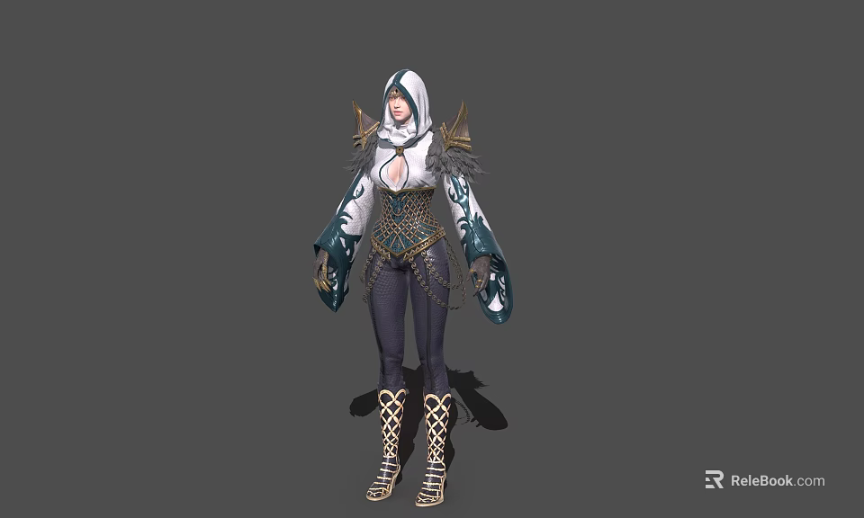 Hooded Game Film Character With White Armor Blue Accents And Leather Boots 3d model 