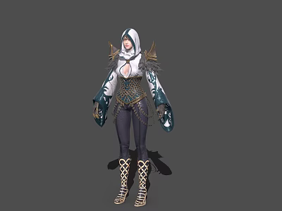 Hooded Game Film Character With White Armor Blue Accents And Leather Boots 3d model