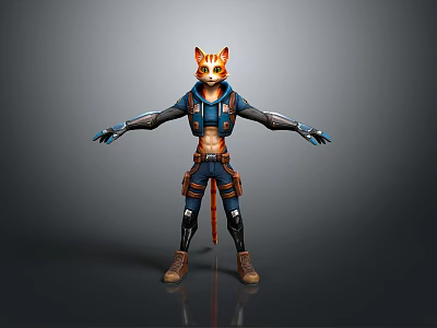 Anthropomorphic Cat Character In Blue Combat Outfit With Orange Fur Arms Outstretched 3d model