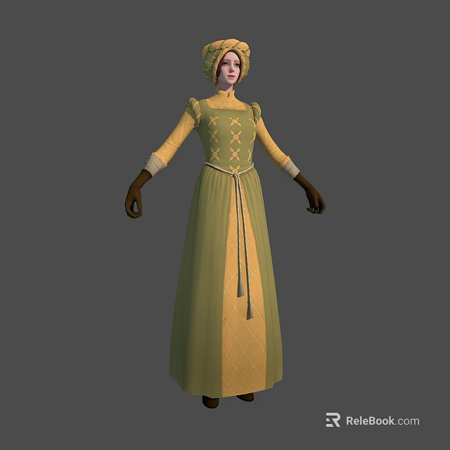Medieval Female Character In Green Dress With Yellow Accents Headpiece And Brown Gloves 3d model 